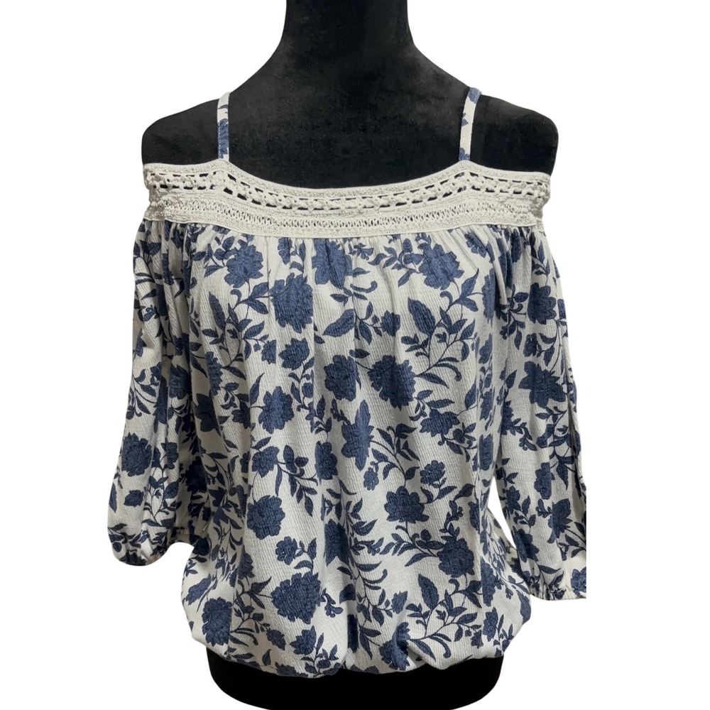 Floral Off The Shoulder Blouse Navy Blue Cream Crochet Lace Trim Long Sleeve Top